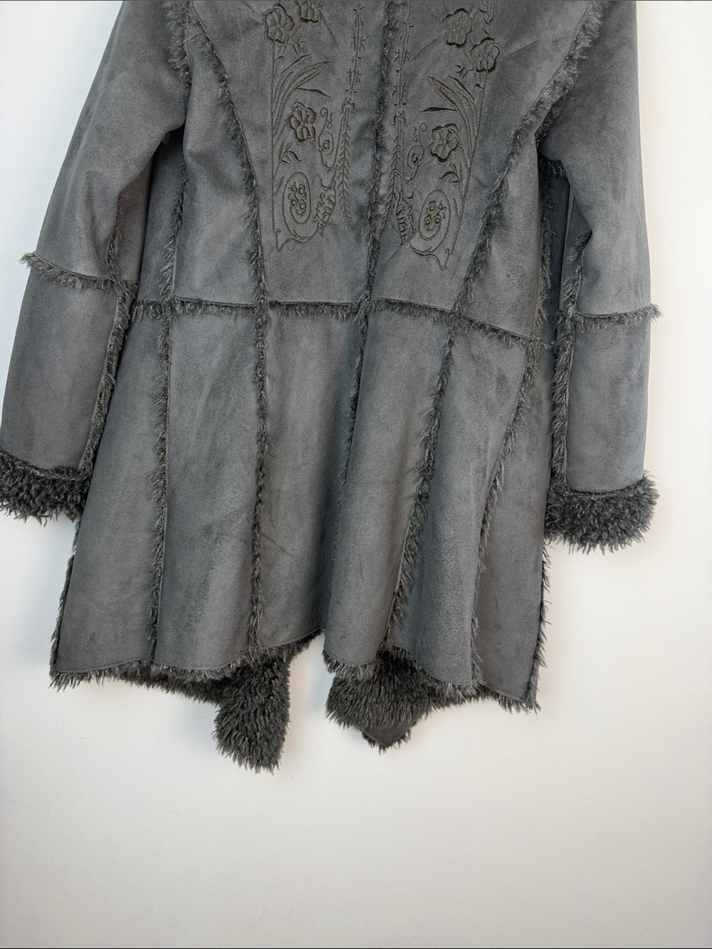 Johnny Was BIYA Shearling Faux Suede Embroidered Coat Hippie Boho XS Long Jacket - Picture 14 of 16